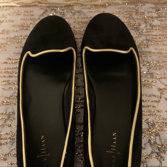 Cole Hann Black Suede Gold Trim Flats - Picture 5 of 6